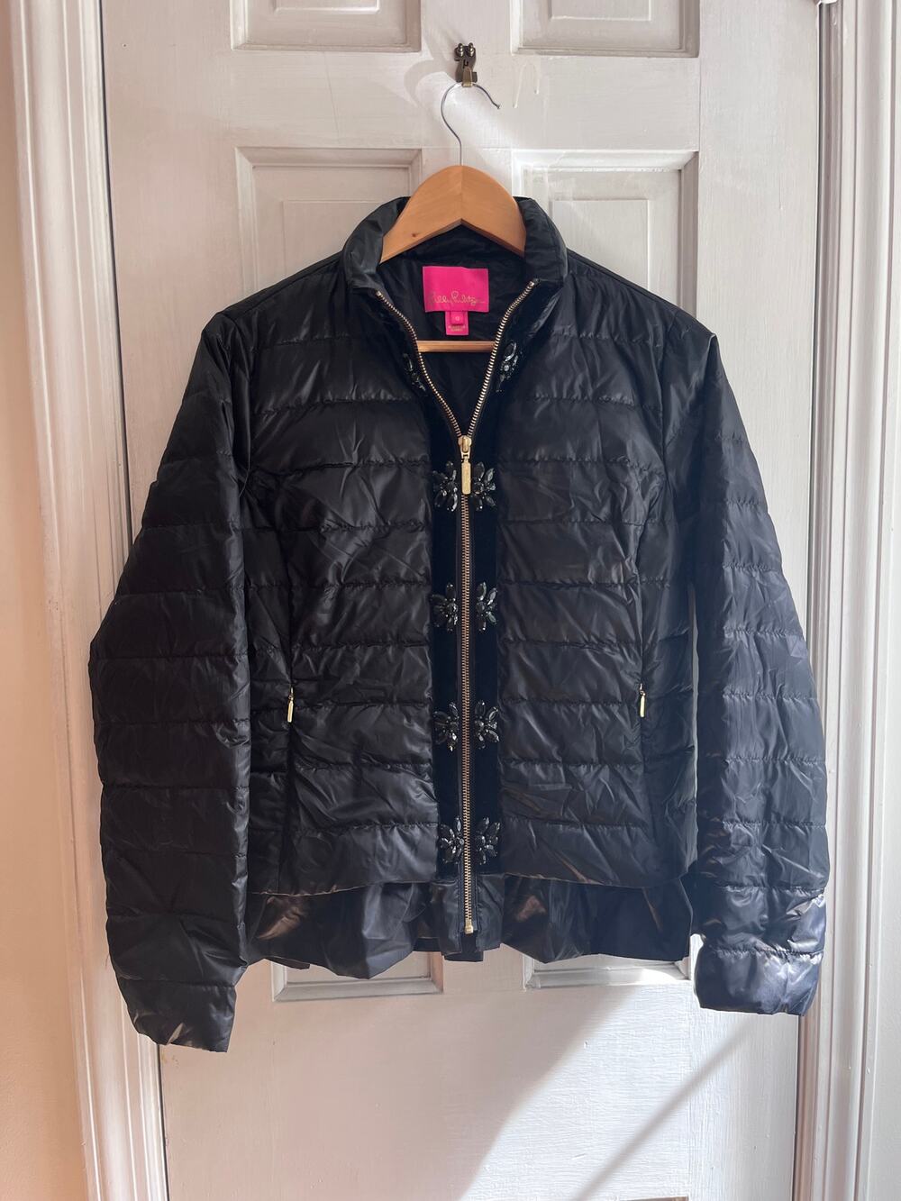 Lilly Pulitzer Linden Black Down Puffer Jacket Jewel Crystal Velvet 0 XS